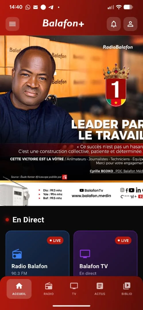 Écran d'accueil de l'app Balafon+, avec la radio et la télé en direct