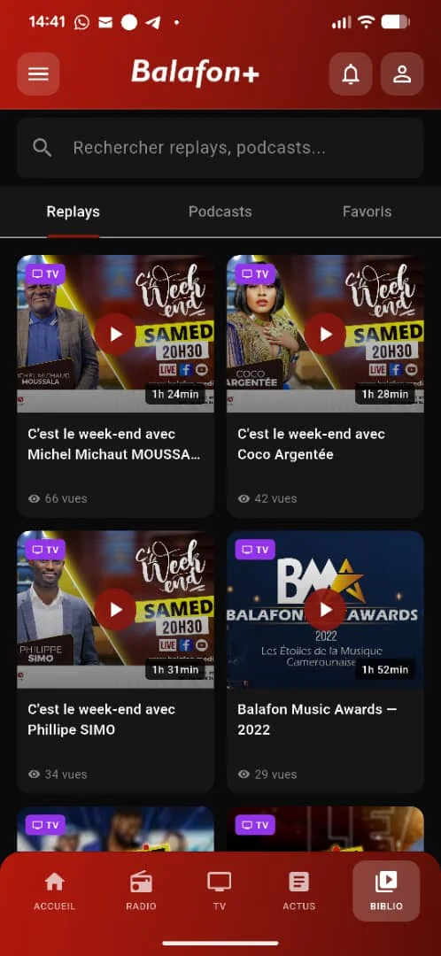 Bibliothèque de l'app Balafon+ : replays, podcasts et favoris