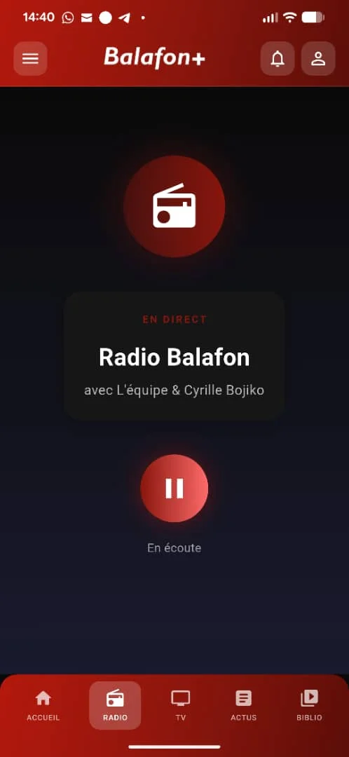 Écran radio de l'app Balafon+, avec Radio Balafon en écoute
