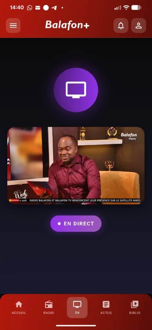 Écran TV de l'app Balafon+, avec la chaîne en direct