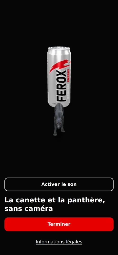 La canette et la panthère affichées sur le téléphone, avec le sous-titre « L'énergie brute. »